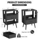Holaki 2 Pack Night Stand,End Table with Charging Station,LED Bedside Table with Fabric Drawer for Bedroom,3-Tier Side Table with Open Shelf,White/Black