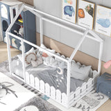Holaki Twin Size House Bed for Kids with Roof and Fence, White
