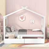 Holaki Wood Twin Size House Bed with Storage Drawers for Kids, White