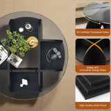 Holaki 31.5" Round Coffee Table with 8mm Tempered Glass & 4 Storage Shelves, Modern Wooden Center Table for Living Room, Office, Small Spaces, Black
