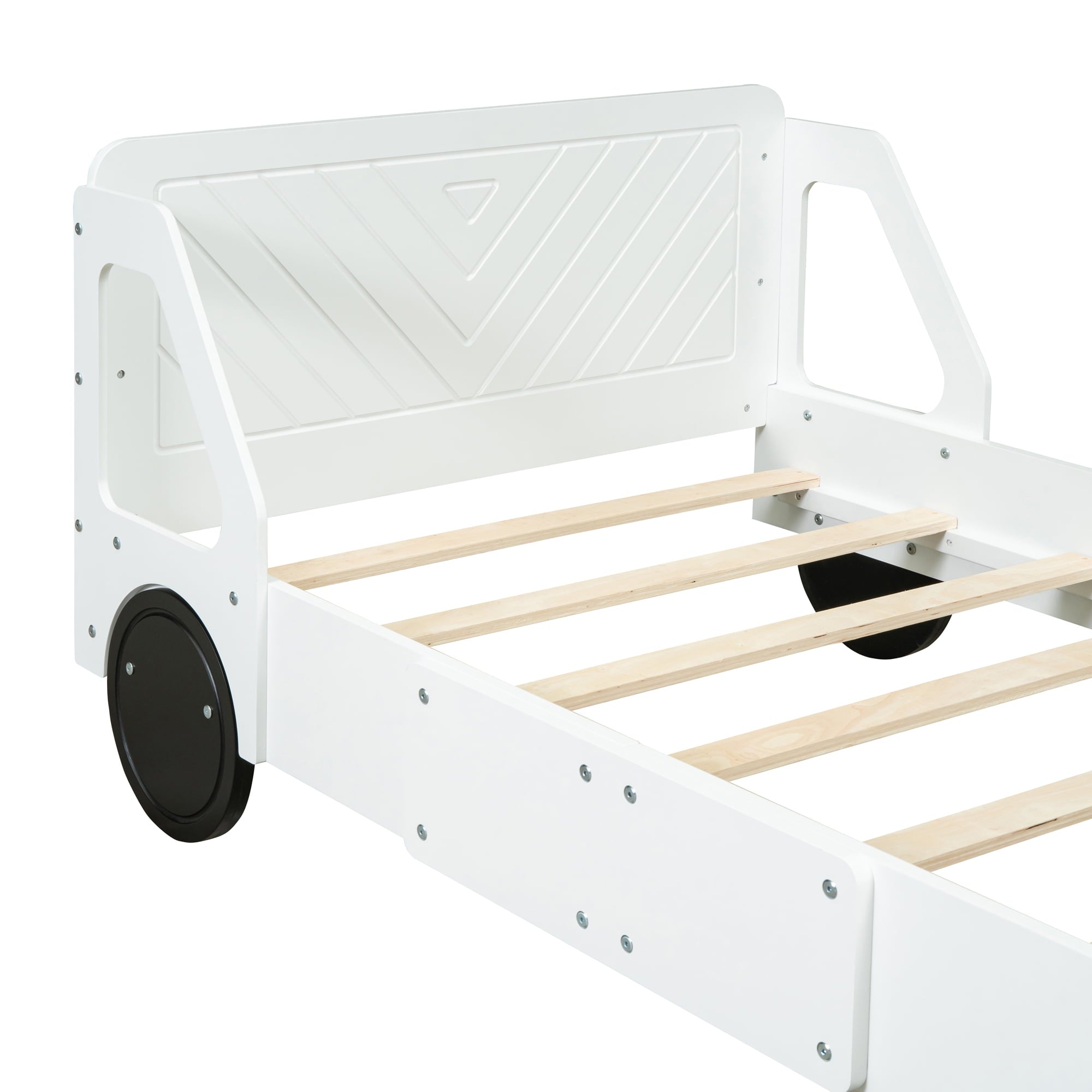 Holaki Wood Twin Size Bed with Wheels for Kids, Car-Shaped Design, White