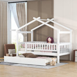 Holaki Twin Size Wood House Bed with Trundle and Guardrails for Kids, White