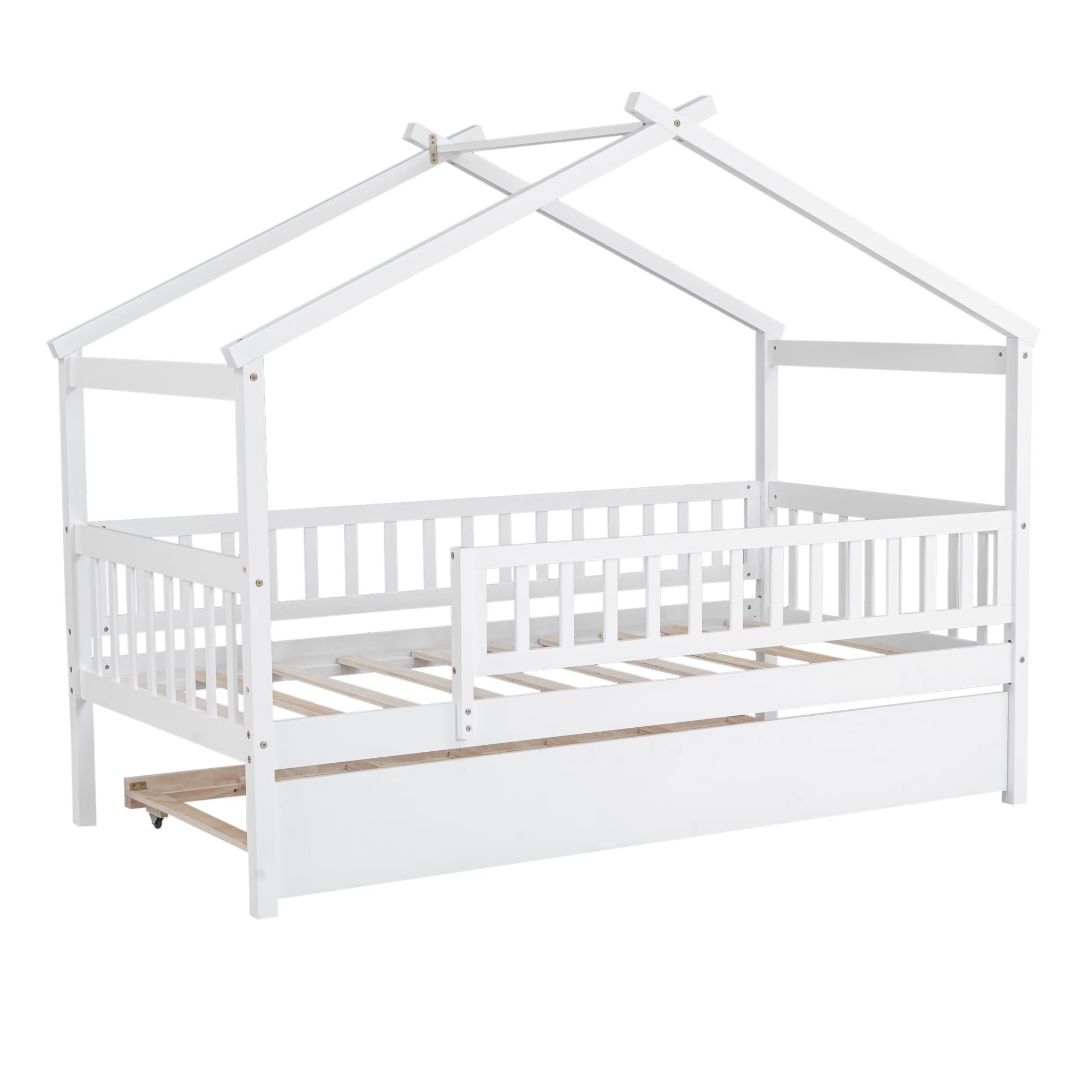 Holaki Twin Size Wood House Bed with Trundle and Guardrails for Kids, White