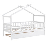 Holaki Twin Size Wood House Bed with Trundle and Guardrails for Kids, White