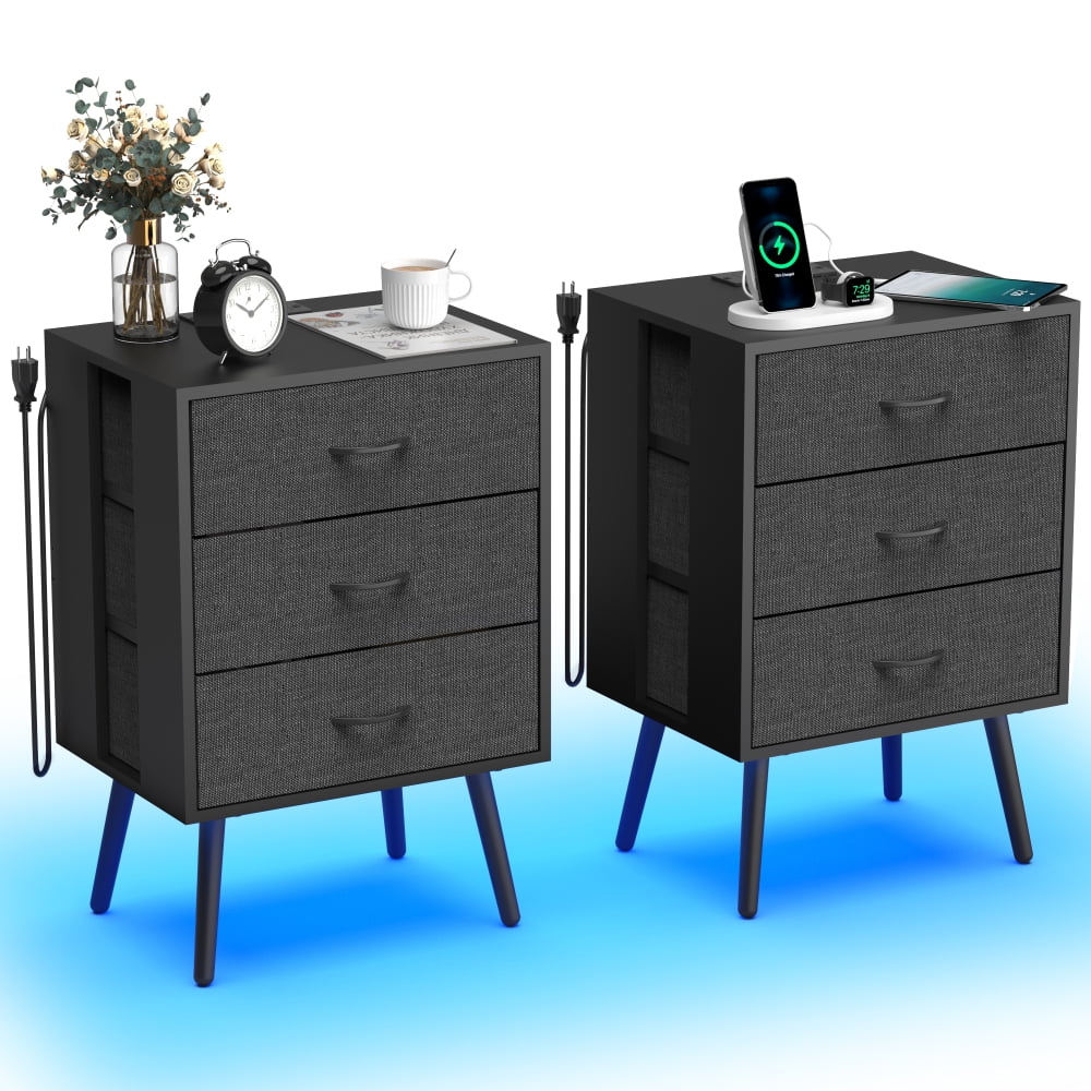 Holaki 2 Pack Night Stand,End Table with Charging Station,LED Bedside Table with Fabric Drawer for Bedroom,3-Tier Side Table with Open Shelf,White/Black