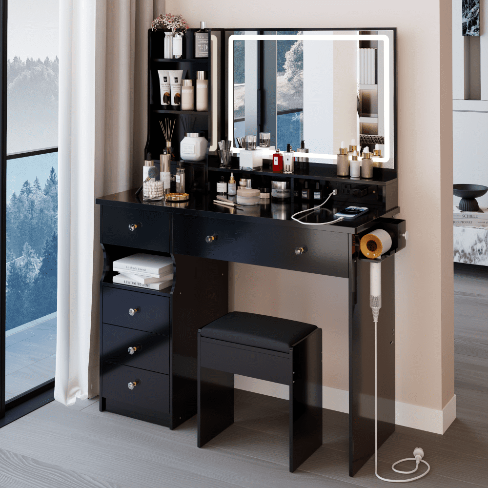 Holaki 41" Large Vanity Table with LED Mirror & Stool, Left Drawer Dresser Set, 2 AC + 2 USB Outlets, Hair Dryer Stand, Touch Control 3-Color Light,American Design,White/Black