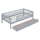 Holaki Twin Size Wood Bed with Guardrails and 2 Storage Drawers for Kids, Gray
