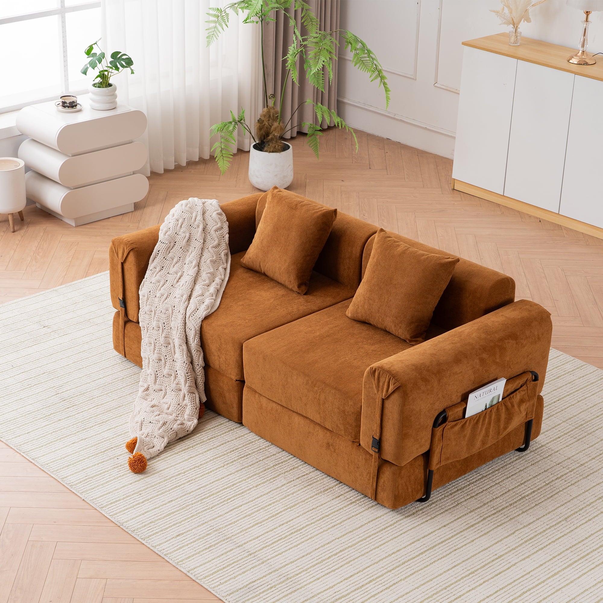 Holaki 71.25 in. W Sofa Bed High Rebound Sponge Sleeper Sofa Couch, 2 Seats Floor Couch with 2 Pilllows for Living Room, Bedroom, Camel