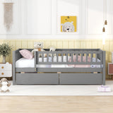 Holaki Twin Size Wood Bed with Guardrails and 2 Storage Drawers for Kids, Gray