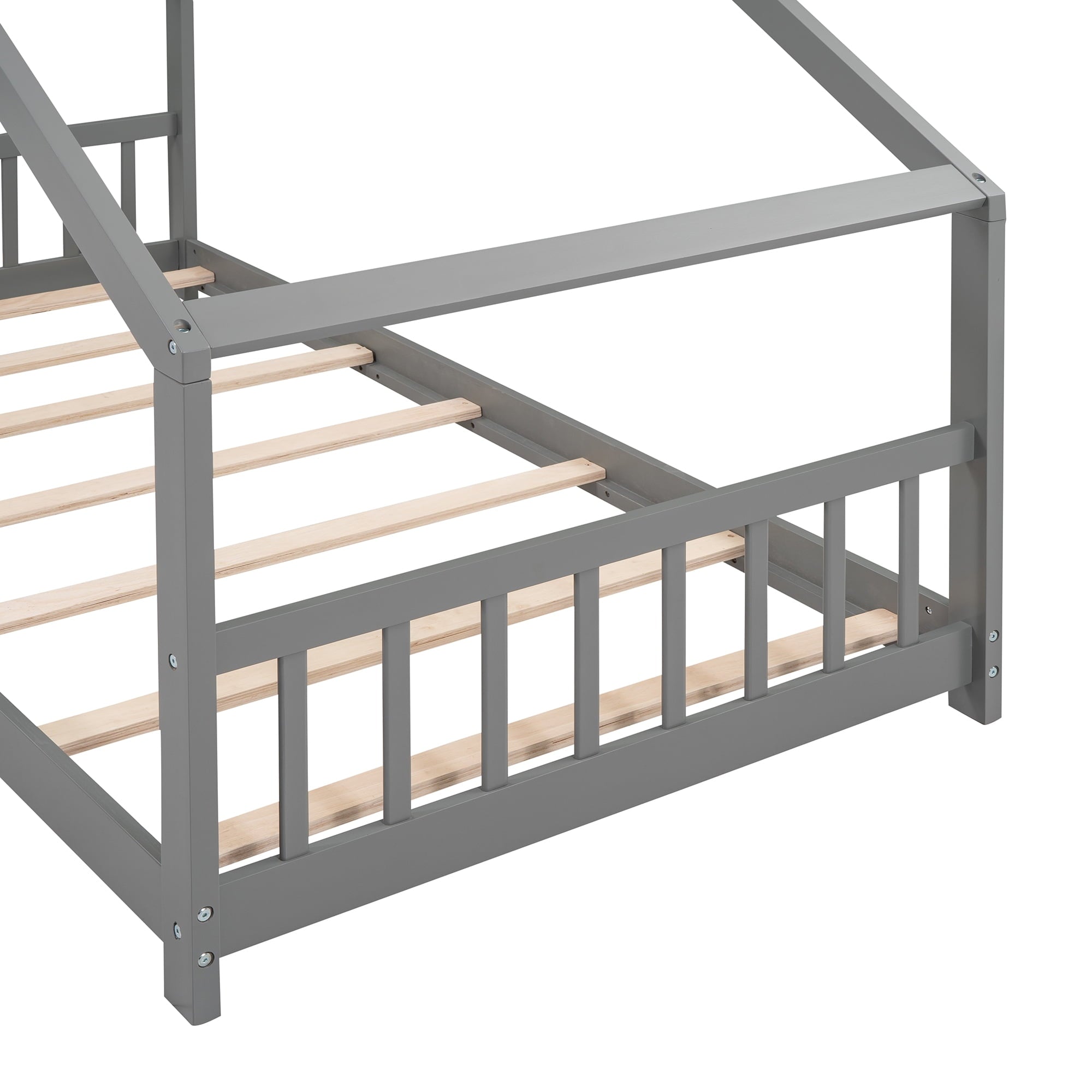 Holaki Wood Twin Size Floor Bed with Roof for Kids, Gray