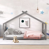 Holaki Wood Twin Size Floor Bed with Roof for Kids, Gray