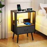 Holaki 2 Pack Night Stand,End Table with Charging Station,LED Bedside Table with Fabric Drawer for Bedroom,3-Tier Side Table with Open Shelf,White/Black