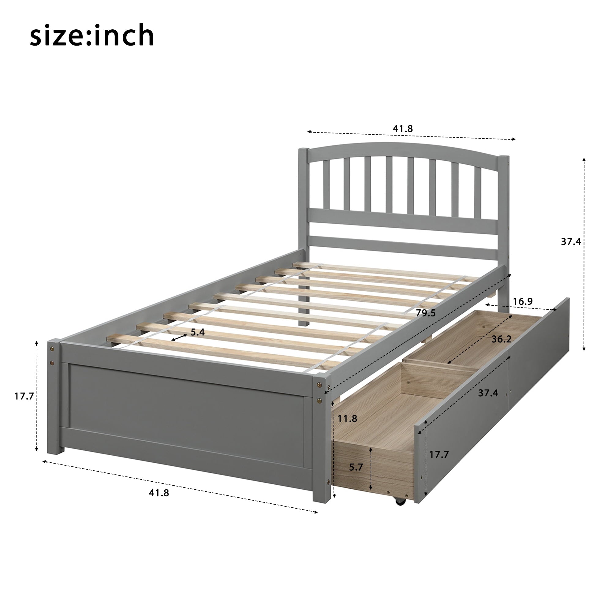 Holaki Twin Size Wood Bed with 2 Storage Drawers for Kids, Gray