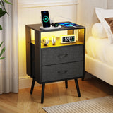 Holaki 2 Pack Night Stand,End Table with Charging Station,LED Bedside Table with Fabric Drawer for Bedroom,3-Tier Side Table with Open Shelf,White/Black