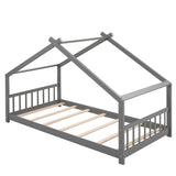 Holaki Wood Twin Size Floor Bed with Roof for Kids, Gray