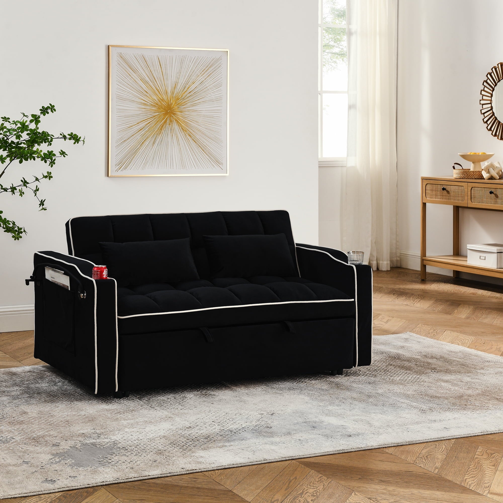 Holaki Sofa Bed,3 in 1 Sleeper Sofa Couch Bed,Velvet Convertible Loveseat Futon Sofa w/Pullout Bed, Adjustable Backrest and with USB Port and Ashtray and Swivel Phone Stand,55.51" Sofa Bed