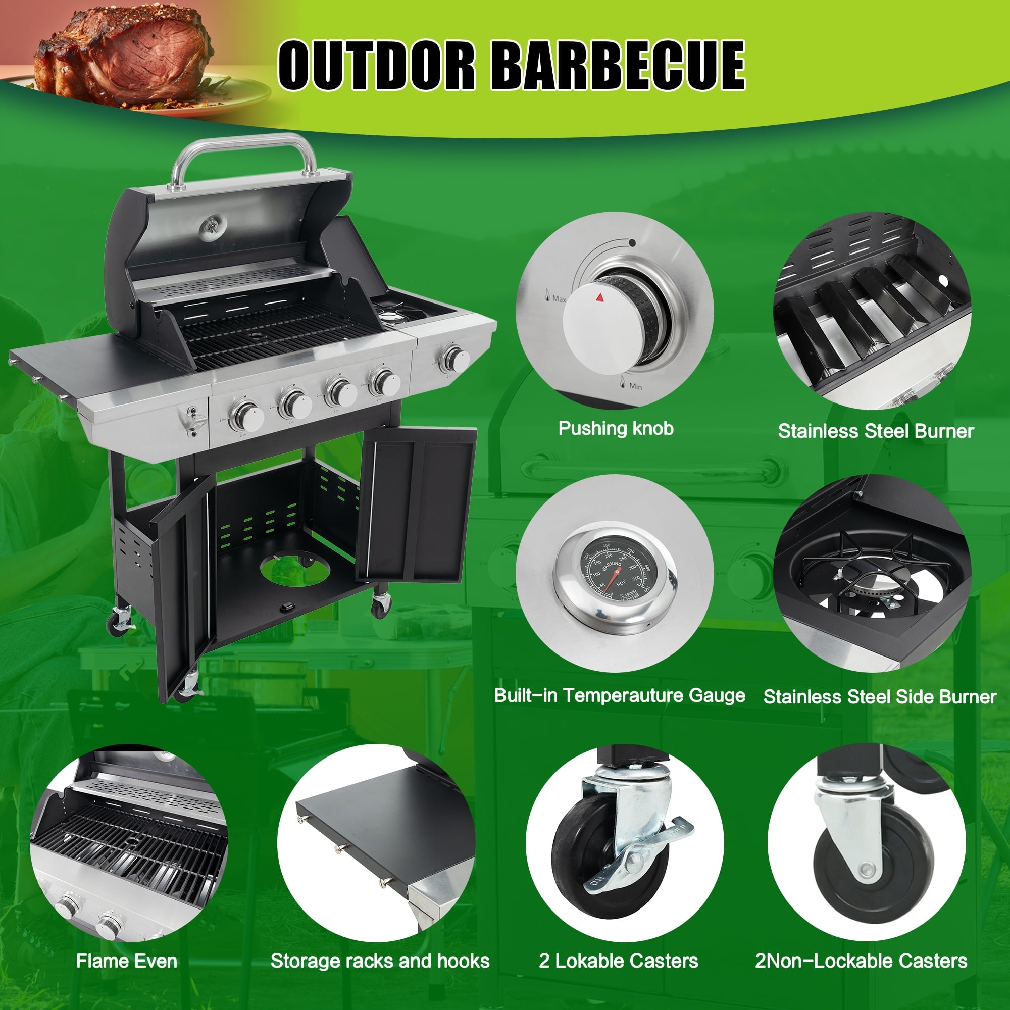 Holaki 4 Burner Barbecue Grill, 46,500 BTU, Propane Grill, Stainless Steel Gas Grill with Side Burner and Cover, for Outdoor BBQ, Camping, Not Includes Grill Cover