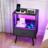Holaki 2 Pack Night Stand,End Table with Charging Station,LED Bedside Table with Fabric Drawer for Bedroom,3-Tier Side Table with Open Shelf,White/Black
