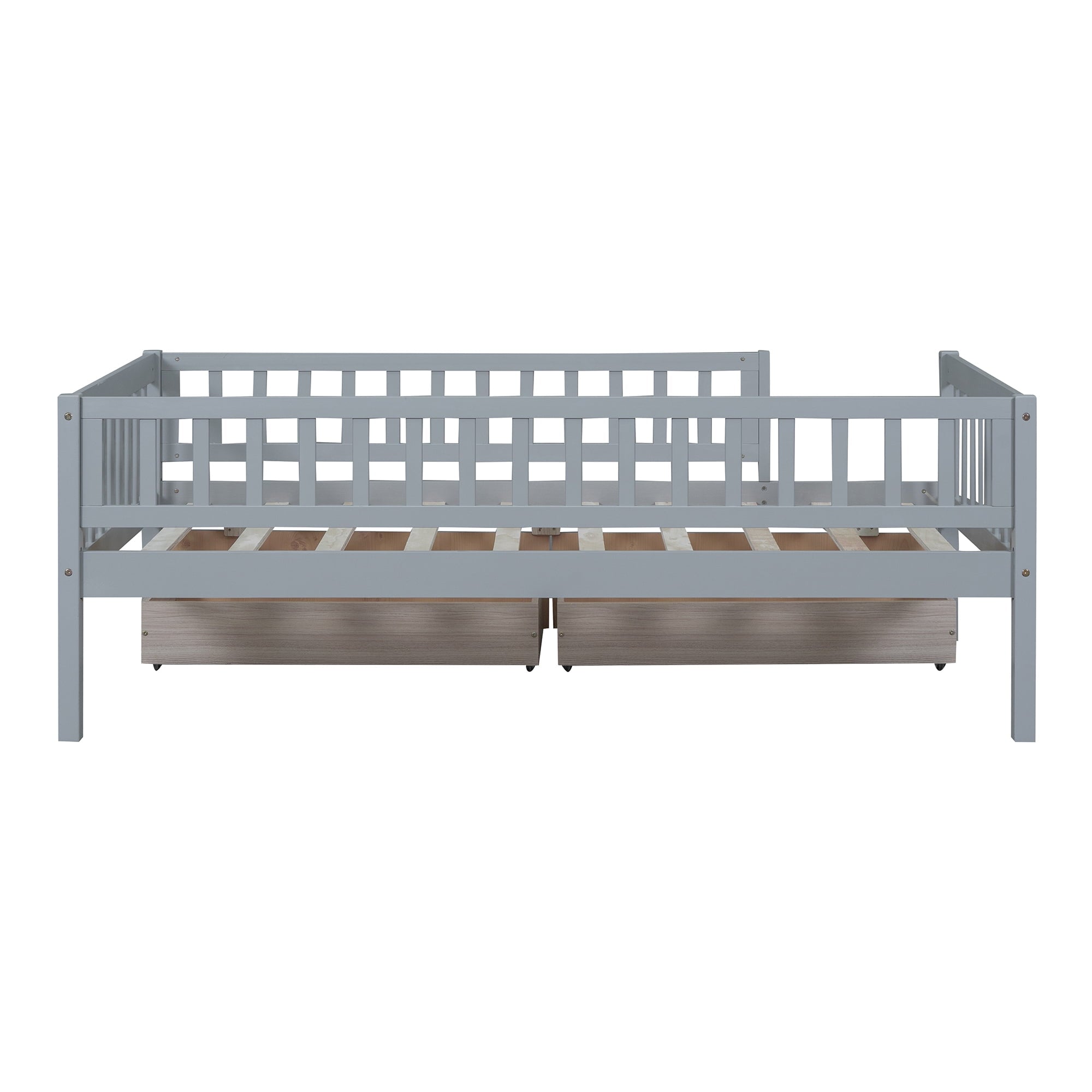 Holaki Twin Size Wood Bed with Guardrails and 2 Storage Drawers for Kids, Gray