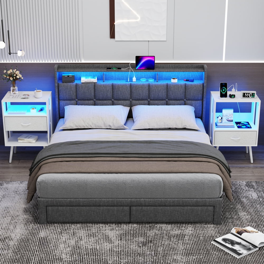 Holaki 2 Pack Night Stand,End Table with Charging Station,LED Bedside Table with Fabric Drawer for Bedroom,3-Tier Side Table with Open Shelf,White/Black