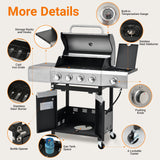 Holaki 4 Burner Barbecue Grill, 51,000 BTU, Propane Grill, Stainless Steel Gas Grill with Side Burner and Cover, for Outdoor BBQ, Camping, Includes Grill Cover