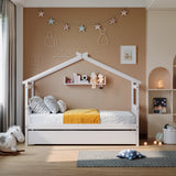 Holaki Wood Twin Size House Bed with Pull-Out Trundle for Kids, White