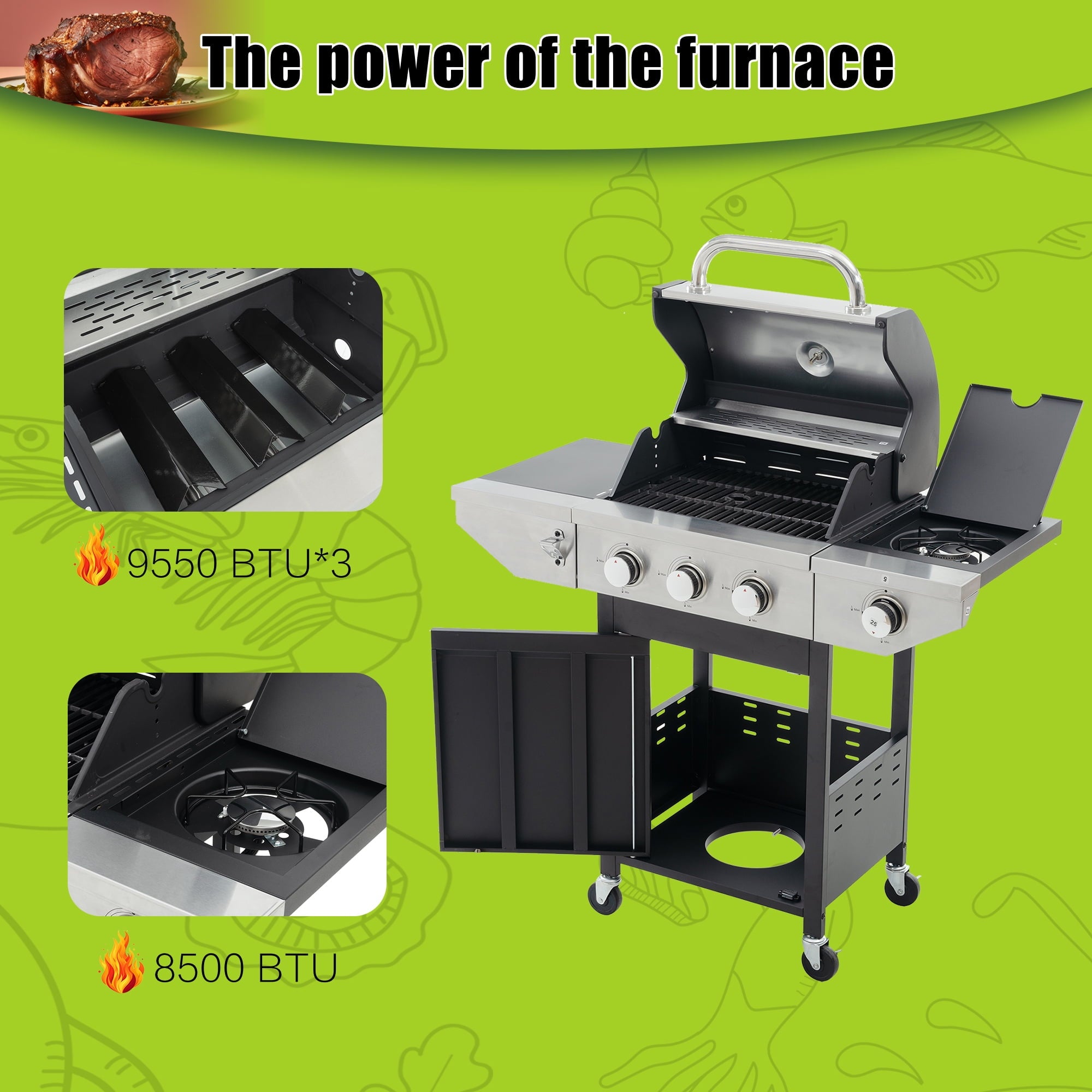 Holaki 3 Burner Barbecue Grill, 37,000 BTU, Propane Grill, Stainless Steel Gas Grill with Side Burner and Cover, for Outdoor BBQ, Camping, Not Includes Grill Cover