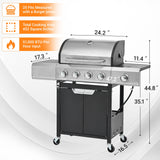 Holaki 4 Burner Barbecue Grill, 51,000 BTU, Propane Grill, Stainless Steel Gas Grill with Side Burner and Cover, for Outdoor BBQ, Camping, Includes Grill Cover