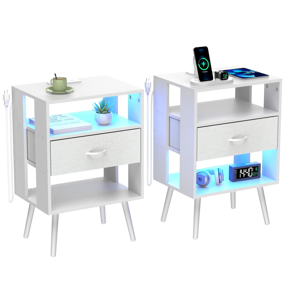 Holaki 2 Pack Modern Nightstand with Charging Station, Bedside Tables with LED Light and Fabric Drawers , Black/White