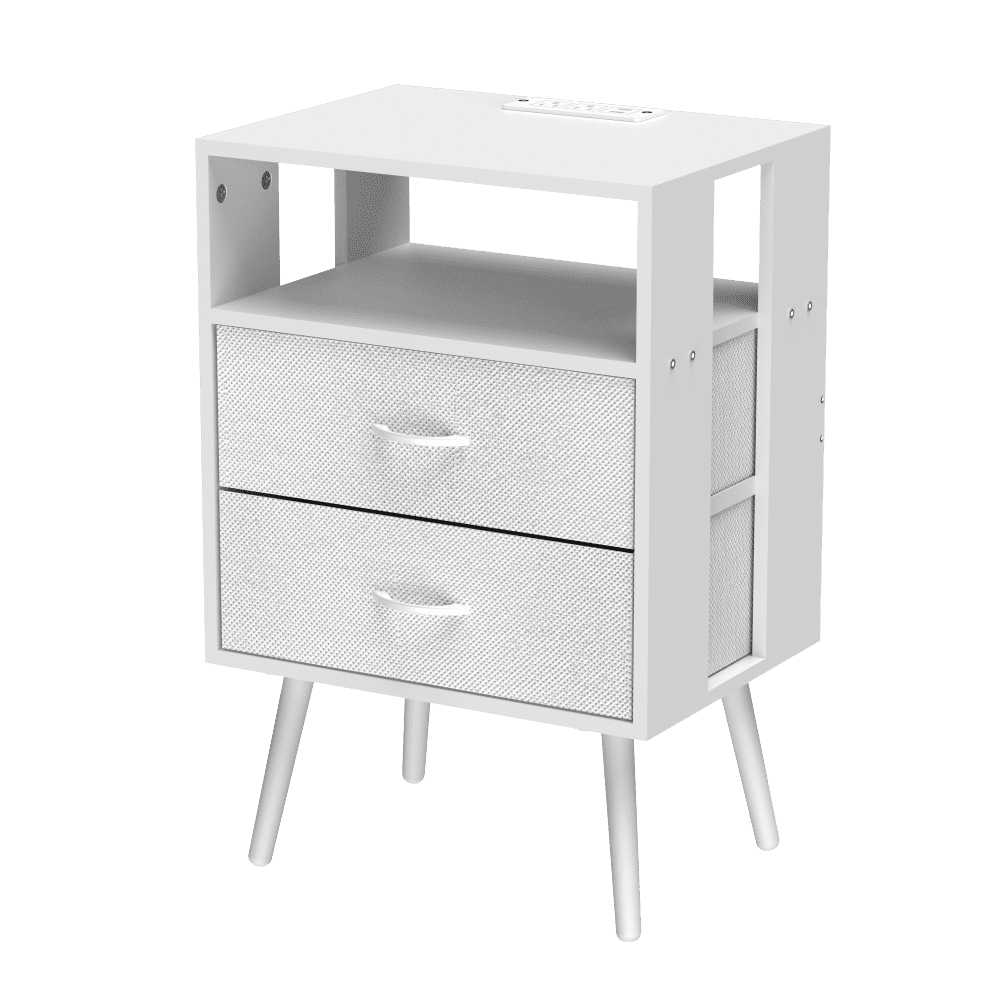 Holaki 2 Pack Night Stand,End Table with Charging Station,LED Bedside Table with Fabric Drawer for Bedroom,3-Tier Side Table with Open Shelf,White/Black
