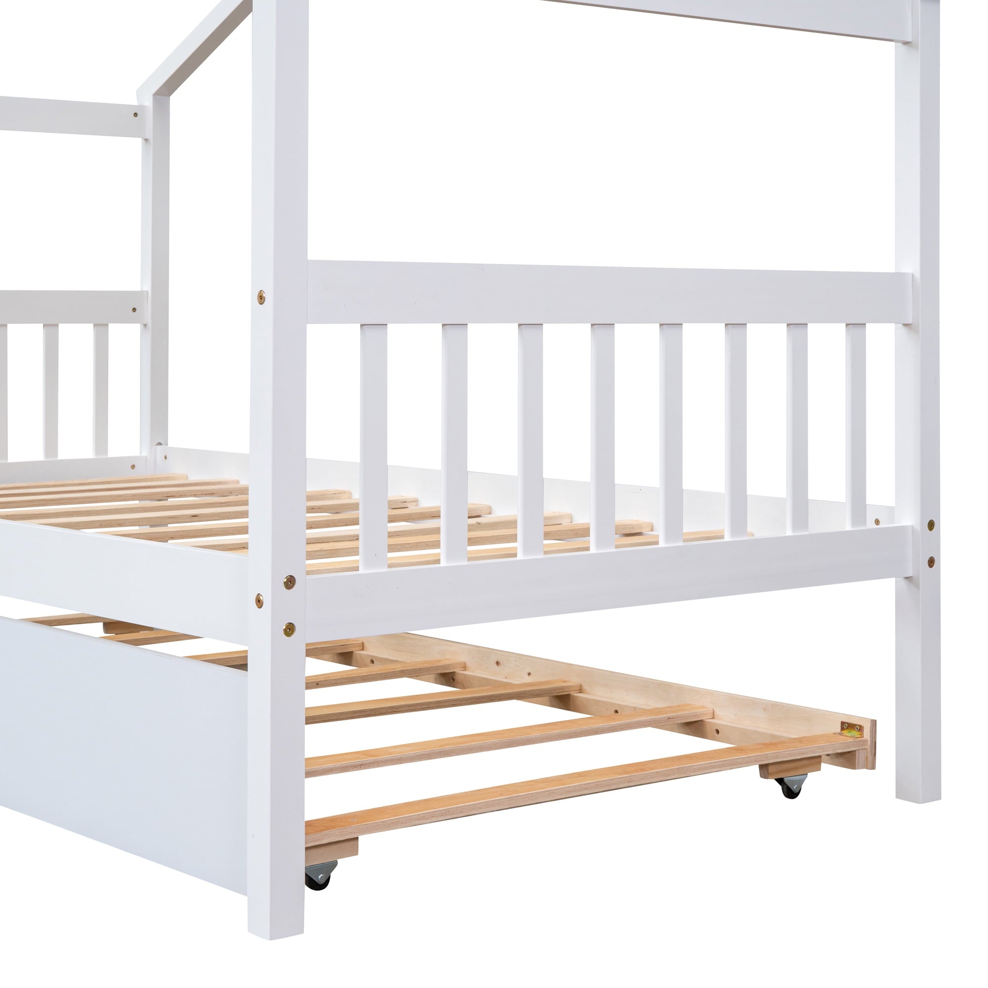 Holaki Wood Twin Size House Bed with Pull-Out Trundle for Kids, White