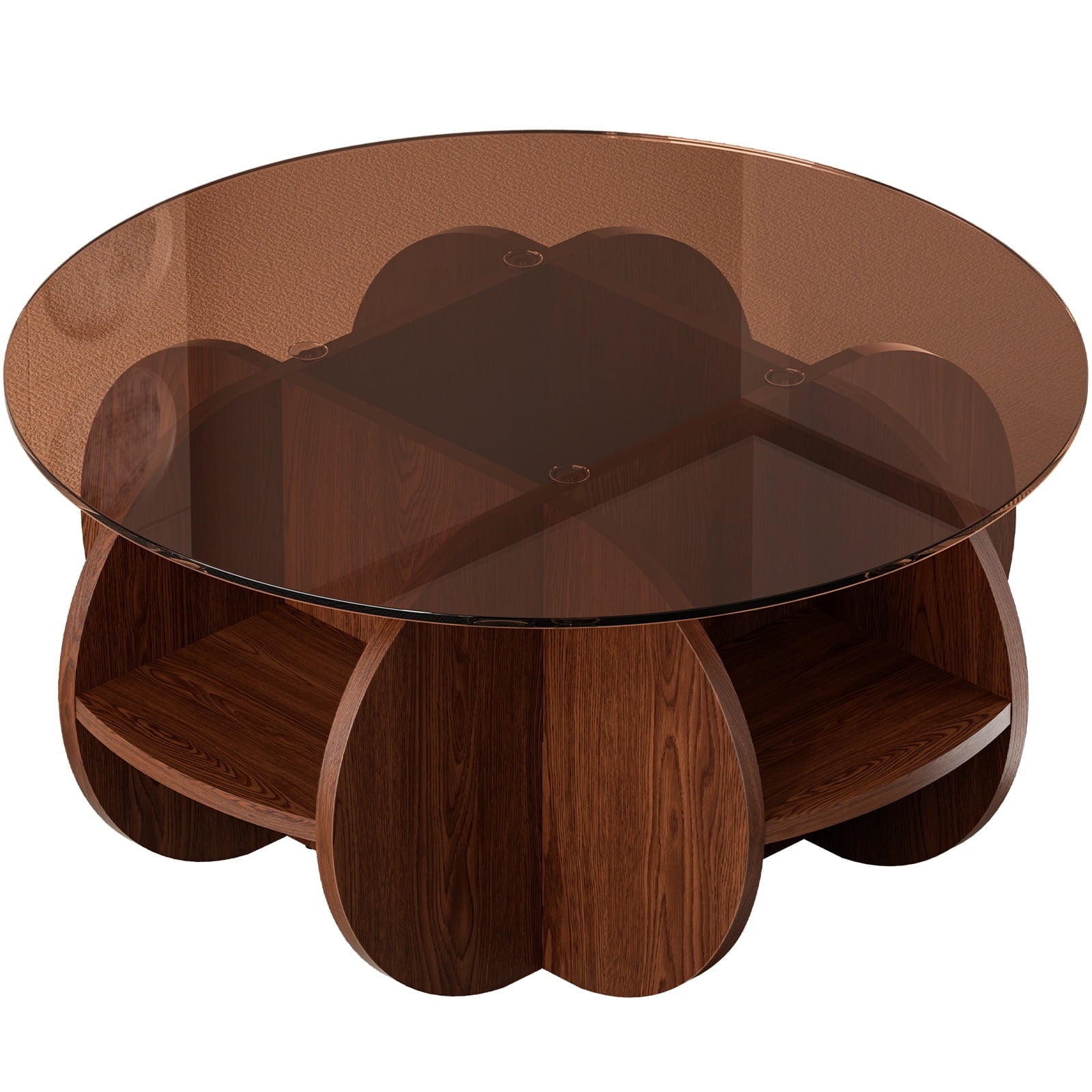 Round Coffee Table, Holaki 31.5" Round Glass and Wood Coffee Table with Storage, Modern Wooden Center Table with 8mm Tempered Glass for Home, Living Room, Office, Walnut