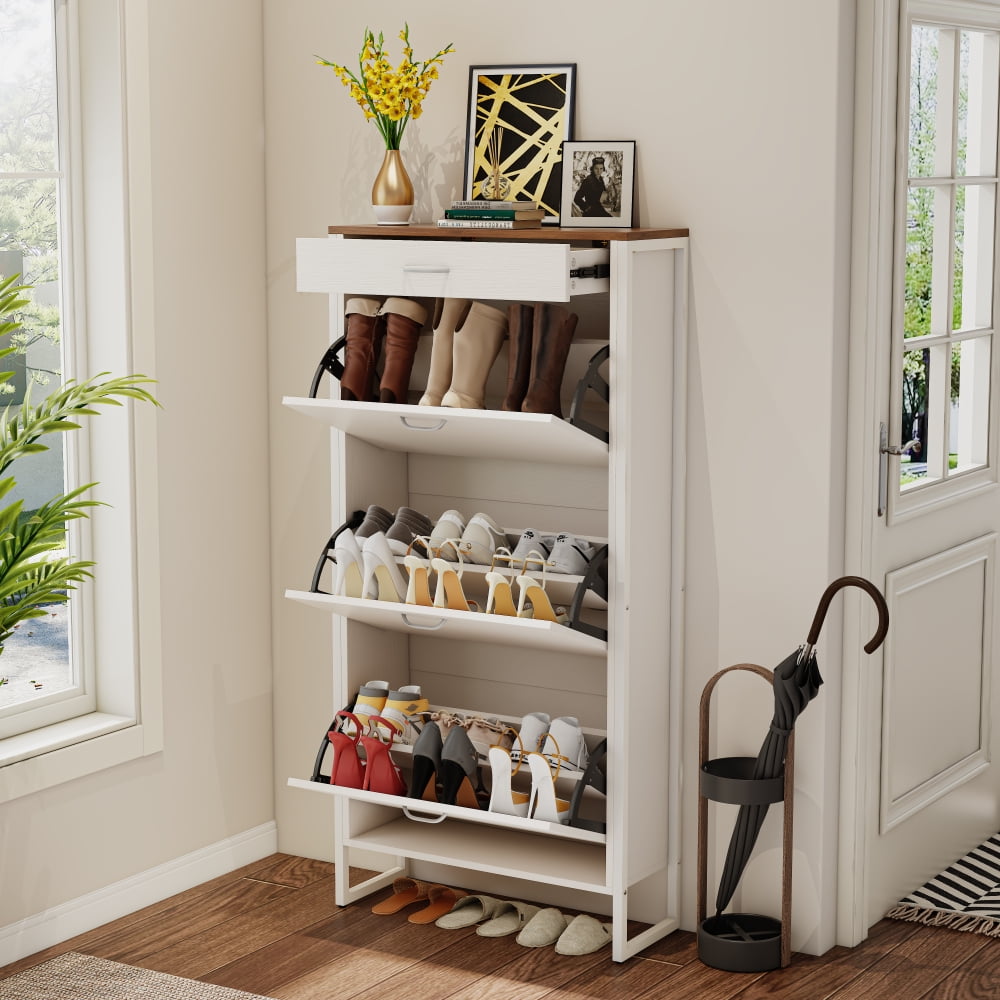 Holaki Shoe Cabinet with 3 Flip Drawers,metal handle Shoe Storage Cabinet for Entryway Living Room Behind The Door, Brown/White
