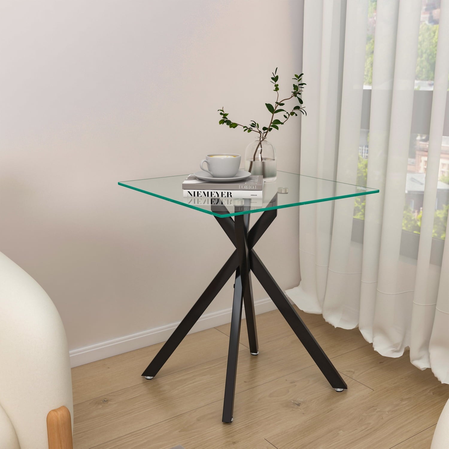 Glass End Table for Living Room, Holaki 17.72" Modern Square Side Table with Tempered Glass Top & Metal Legs, Small Glass Table for Bedroom Office, Black