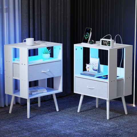 Holaki 2 Pack Modern Nightstand with Charging Station, Bedside Tables with LED Light and Fabric Drawers , Black/White