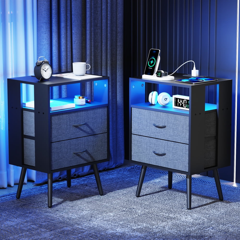Holaki 2 Pack Night Stand,End Table with Charging Station,LED Bedside Table with Fabric Drawer for Bedroom,3-Tier Side Table with Open Shelf,White/Black