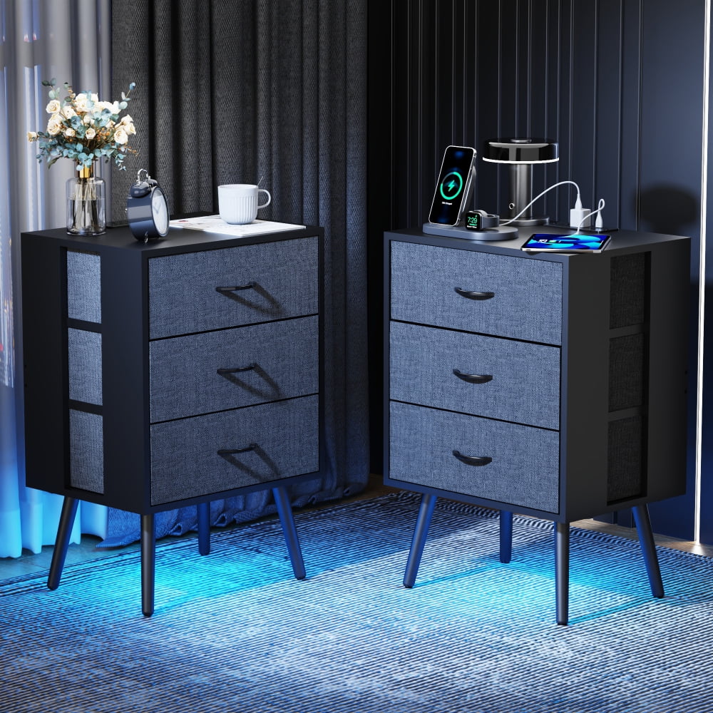 Holaki 2 Pack Night Stand,End Table with Charging Station,LED Bedside Table with Fabric Drawer for Bedroom,3-Tier Side Table with Open Shelf,White/Black