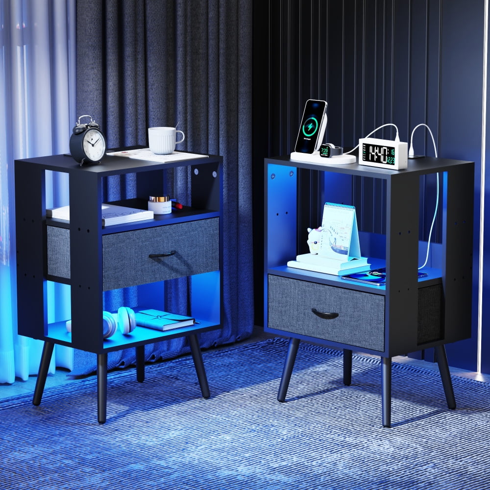 Holaki 2 Pack Night Stand,End Table with Charging Station,LED Bedside Table with Fabric Drawer for Bedroom,3-Tier Side Table with Open Shelf,White/Black