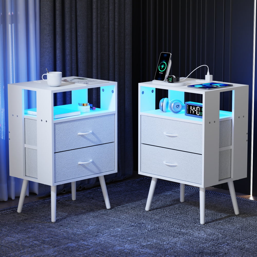 Holaki 2 Pack Night Stand,End Table with Charging Station,LED Bedside Table with Fabric Drawer for Bedroom,3-Tier Side Table with Open Shelf,White/Black