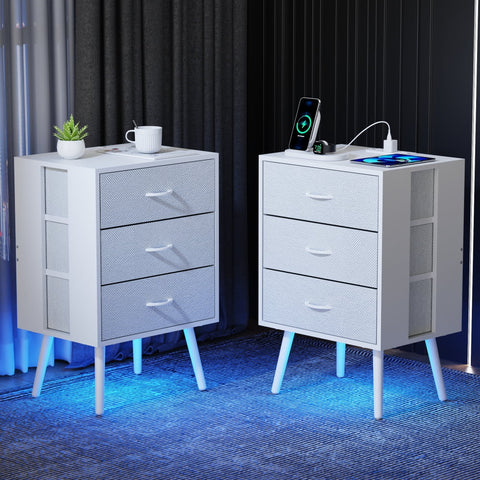Holaki 2 Pack Night Stand,End Table with Charging Station,LED Bedside Table with Fabric Drawer for Bedroom,3-Tier Side Table with Open Shelf,White/Black