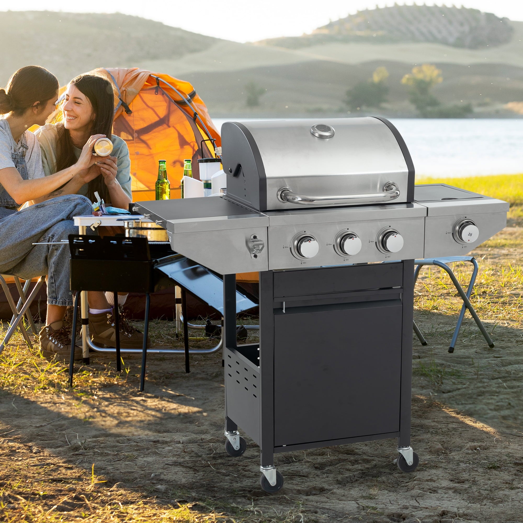 Holaki 3 Burner Barbecue Grill, 37,000 BTU, Propane Grill, Stainless Steel Gas Grill with Side Burner and Cover, for Outdoor BBQ, Camping, Not Includes Grill Cover