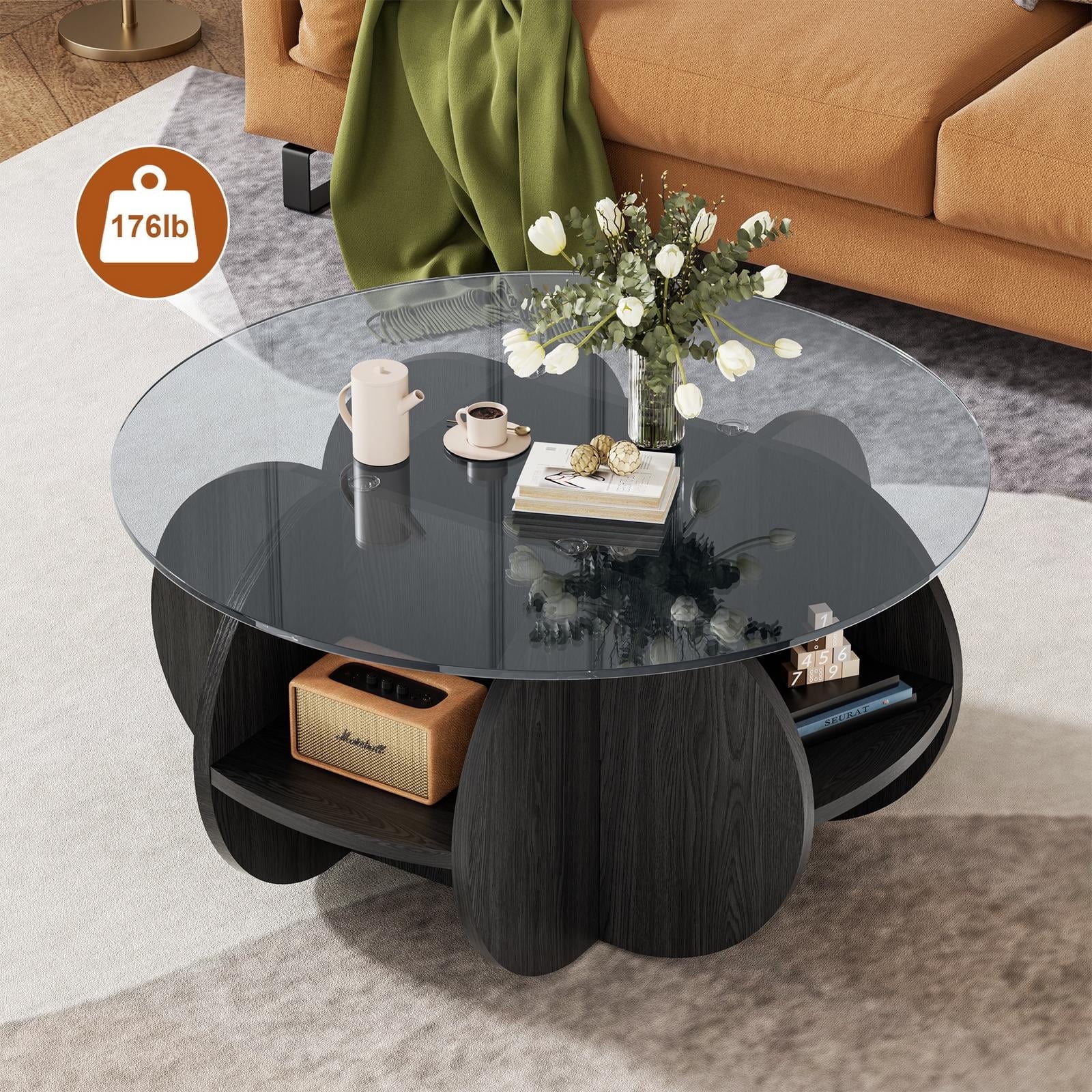 Holaki 31.5" Round Coffee Table with 8mm Tempered Glass & 4 Storage Shelves, Modern Wooden Center Table for Living Room, Office, Small Spaces, Black