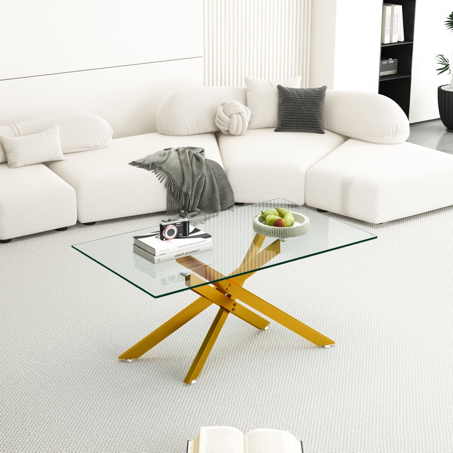 Glass Coffee Table with Tempered Glass, Holaki 39.37" Rectangular Sofa Side Table with Metal Cross Legs, Modern Center Coffee Table for Living Room Office, Gold