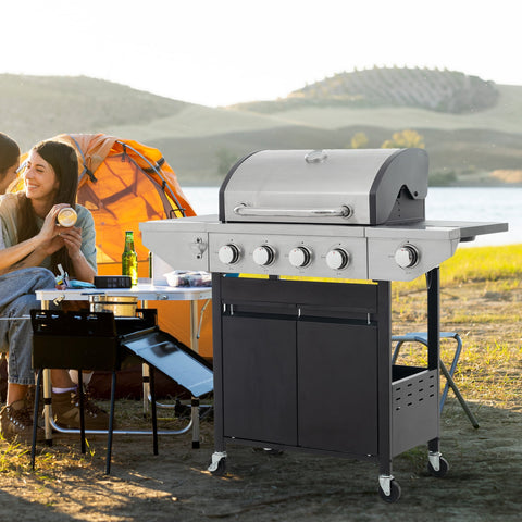 Holaki 4 Burner Barbecue Grill, 46,500 BTU, Propane Grill, Stainless Steel Gas Grill with Side Burner and Cover, for Outdoor BBQ, Camping, Not Includes Grill Cover