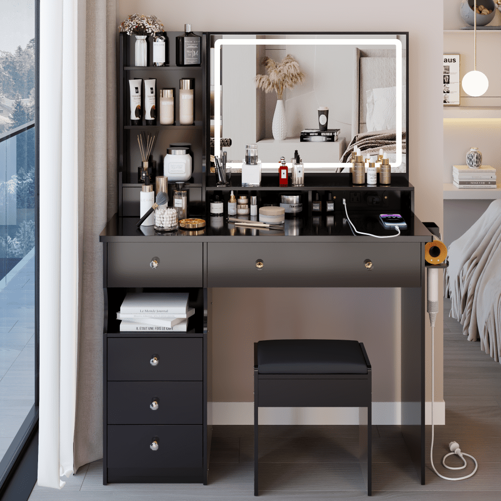 Holaki 41" Large Vanity Table with LED Mirror & Stool, Left Drawer Dresser Set, 2 AC + 2 USB Outlets, Hair Dryer Stand, Touch Control 3-Color Light,American Design,White/Black