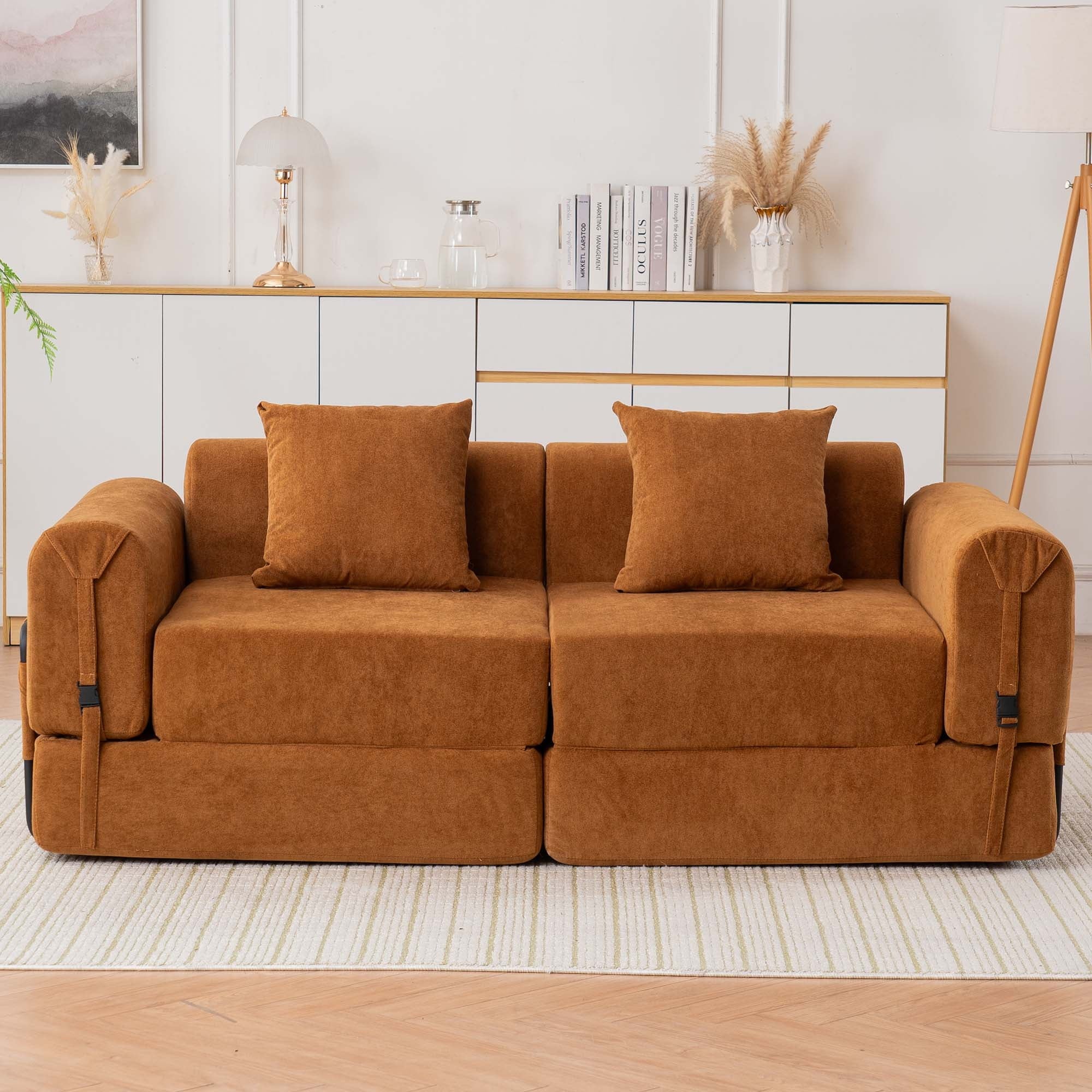 Holaki 71.25 in. W Sofa Bed High Rebound Sponge Sleeper Sofa Couch, 2 Seats Floor Couch with 2 Pilllows for Living Room, Bedroom, Camel