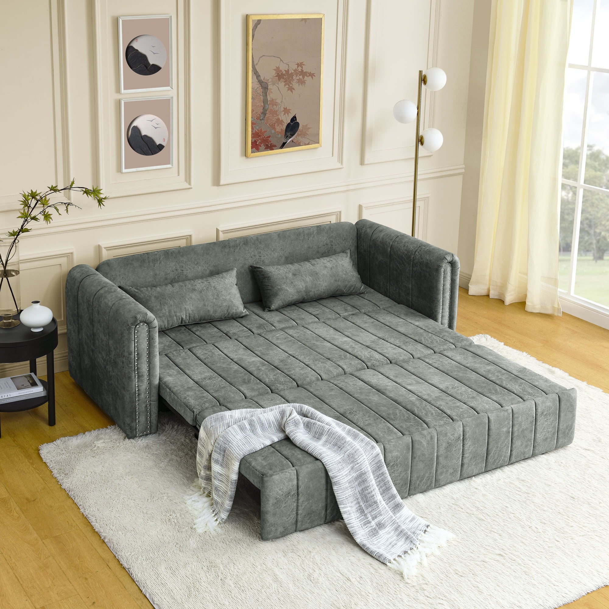 Holaki 82.3” Sofa Bed Couch,Convertible 3-Seater Sofas with King Size Pull Out Sofabed,3 in 1 Pullout Couches w/ 2 Drawers & Pillows for Living Room,Velvet Sofa Bed,Modern Upholstered Lounge Sofa