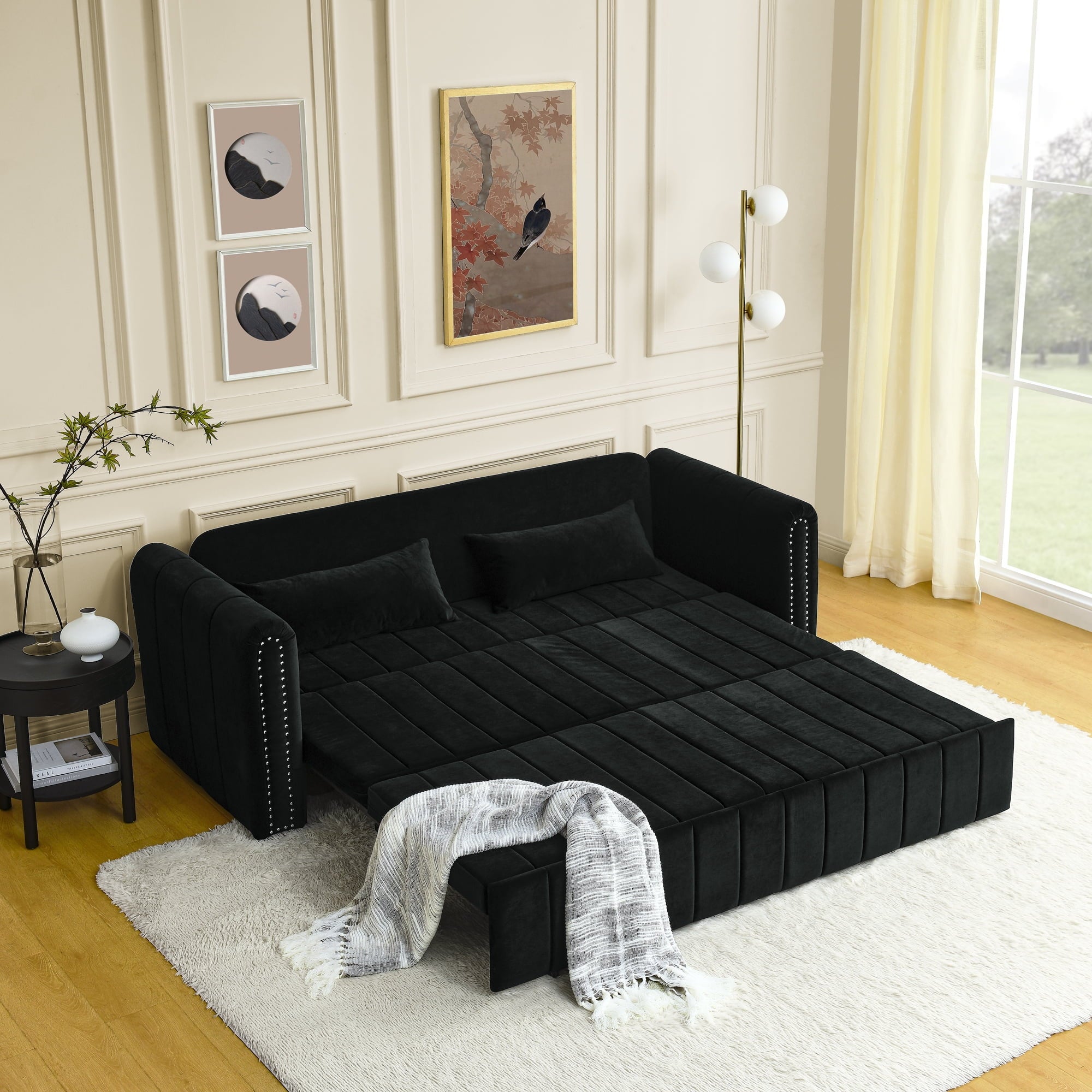 Holaki 82.3” Sofa Bed Couch,Convertible 3-Seater Sofas with King Size Pull Out Sofabed,3 in 1 Pullout Couches w/ 2 Drawers & Pillows for Living Room,Velvet Sofa Bed,Modern Upholstered Lounge Sofa