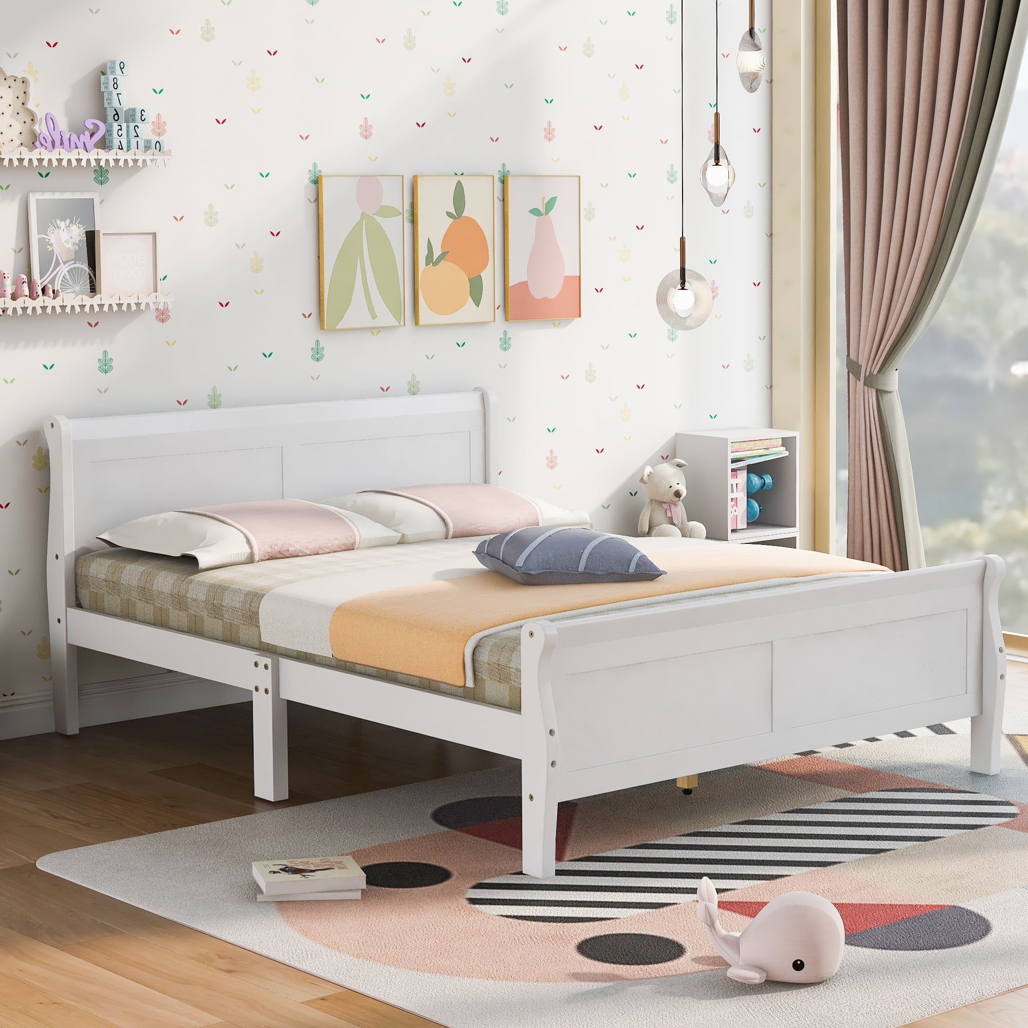 Holaki Full Size Wood Bed with Headboard for Kids, White