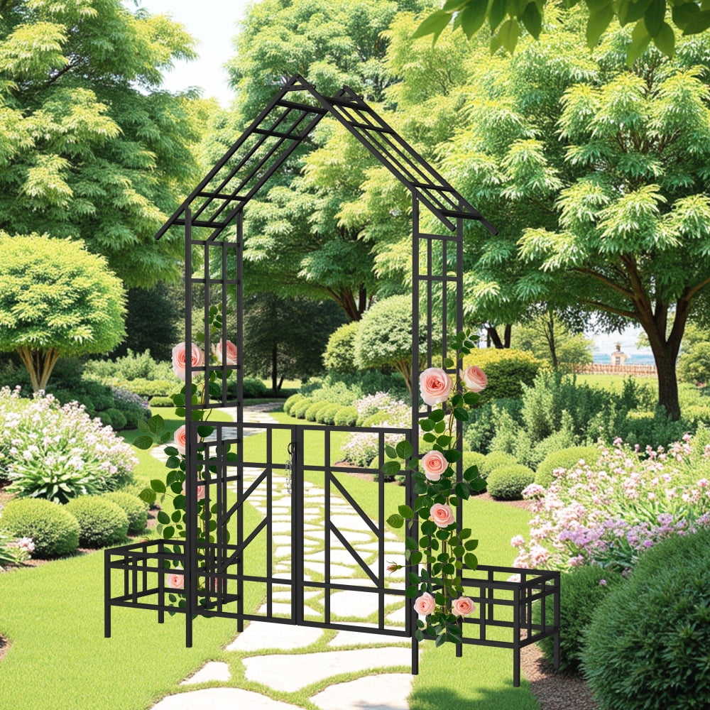 Holaki Metal Garden Arch with Adjustable Width Climbing Plants Support Rose Arch Outdoor Black